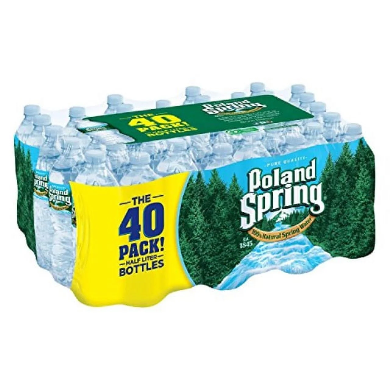 Half-liter Poland Spring bottled water placed upright, showcasing its green label and clear plastic design, sourced from natural spring water in the Northeast.