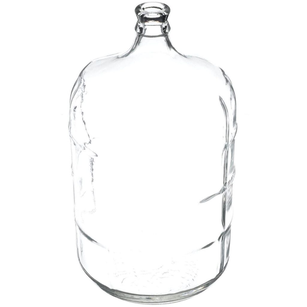 5 Gallon Italian glass carboy shown from the side, clear glass bottle